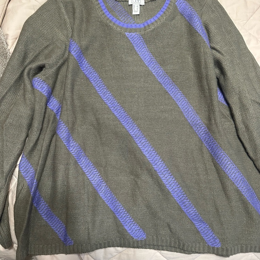 LOGO by Lori Goldstein Olive Sweater with Purple Diagonal Stripes